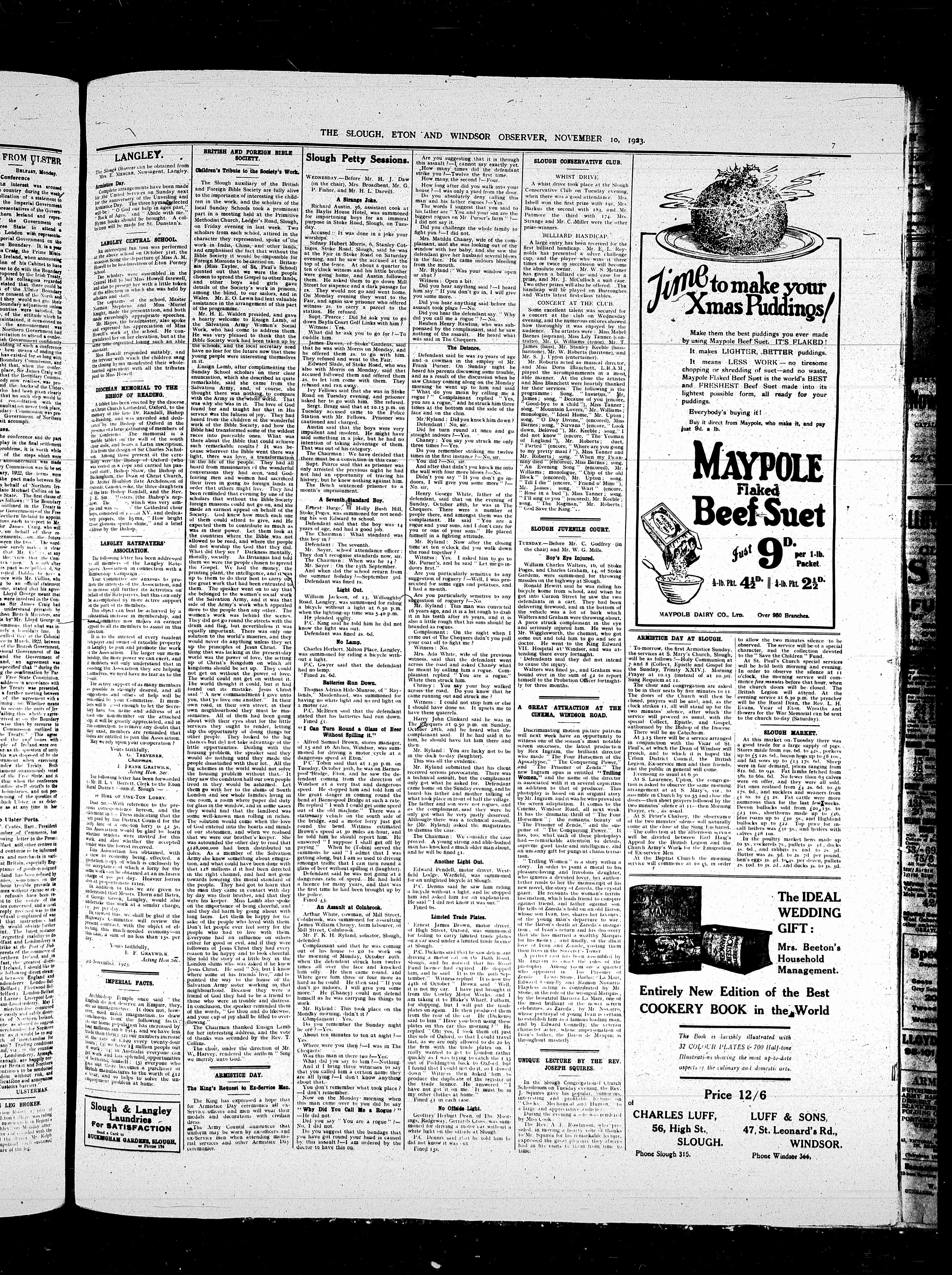 Slough, Eton & Windsor Observer, 10/11/1923, page 7.